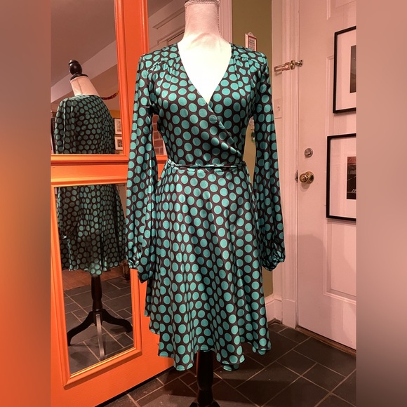 Milly Siena Wrap Dress Polka Dot Black Green Holiday - Size SMALL - Picture 2 of 3